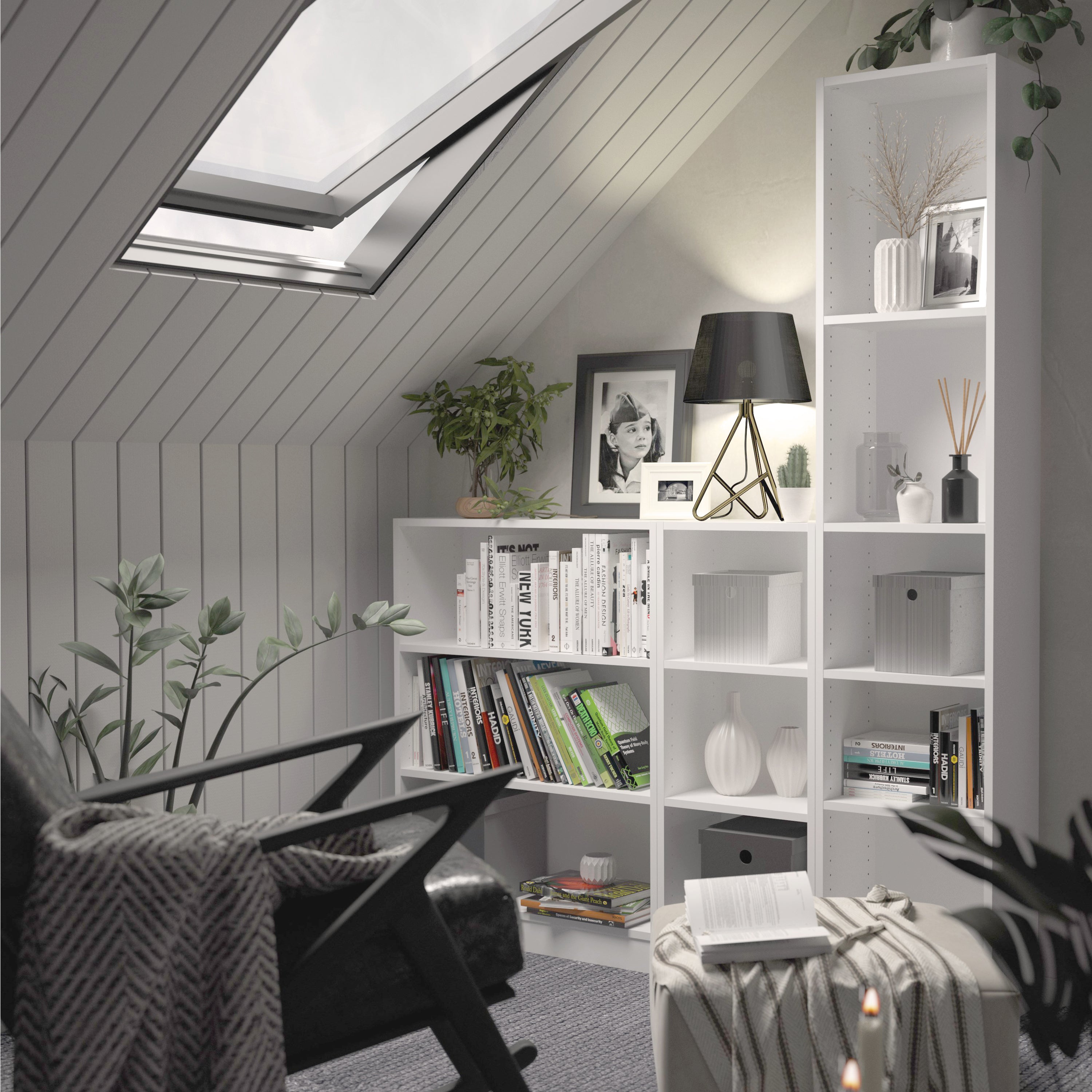 Basic Low Narrow Bookcase (2 Shelves) in White – FTG, view 6