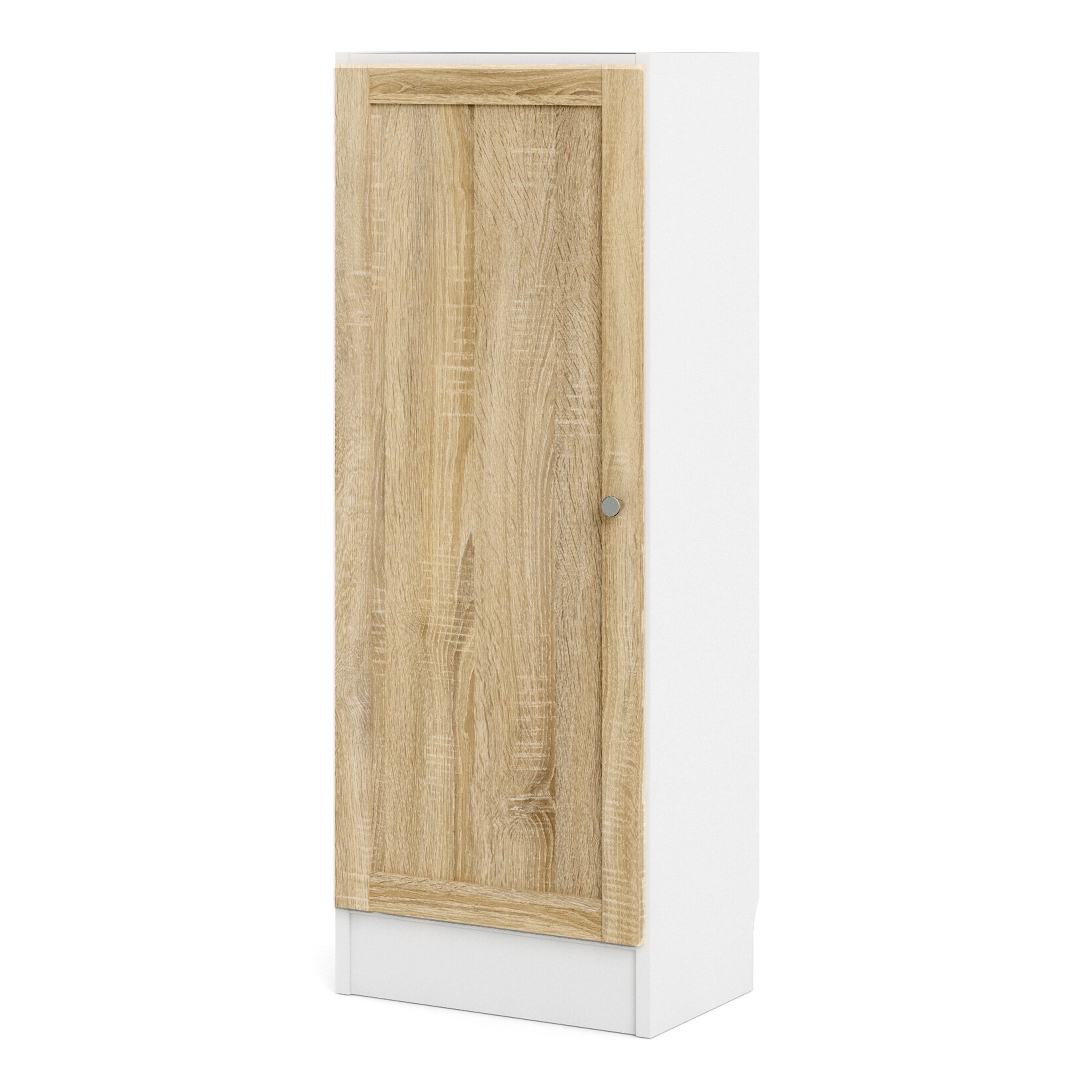 Basic Low Narrow Storage Cabinet in White (2 Shelves) with Oak Door