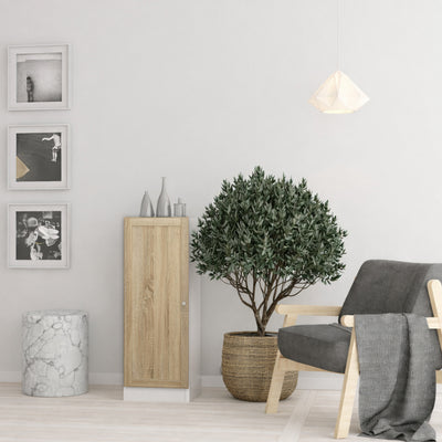 Basic Low Narrow Storage Cabinet in White (2 Shelves) with Oak Door