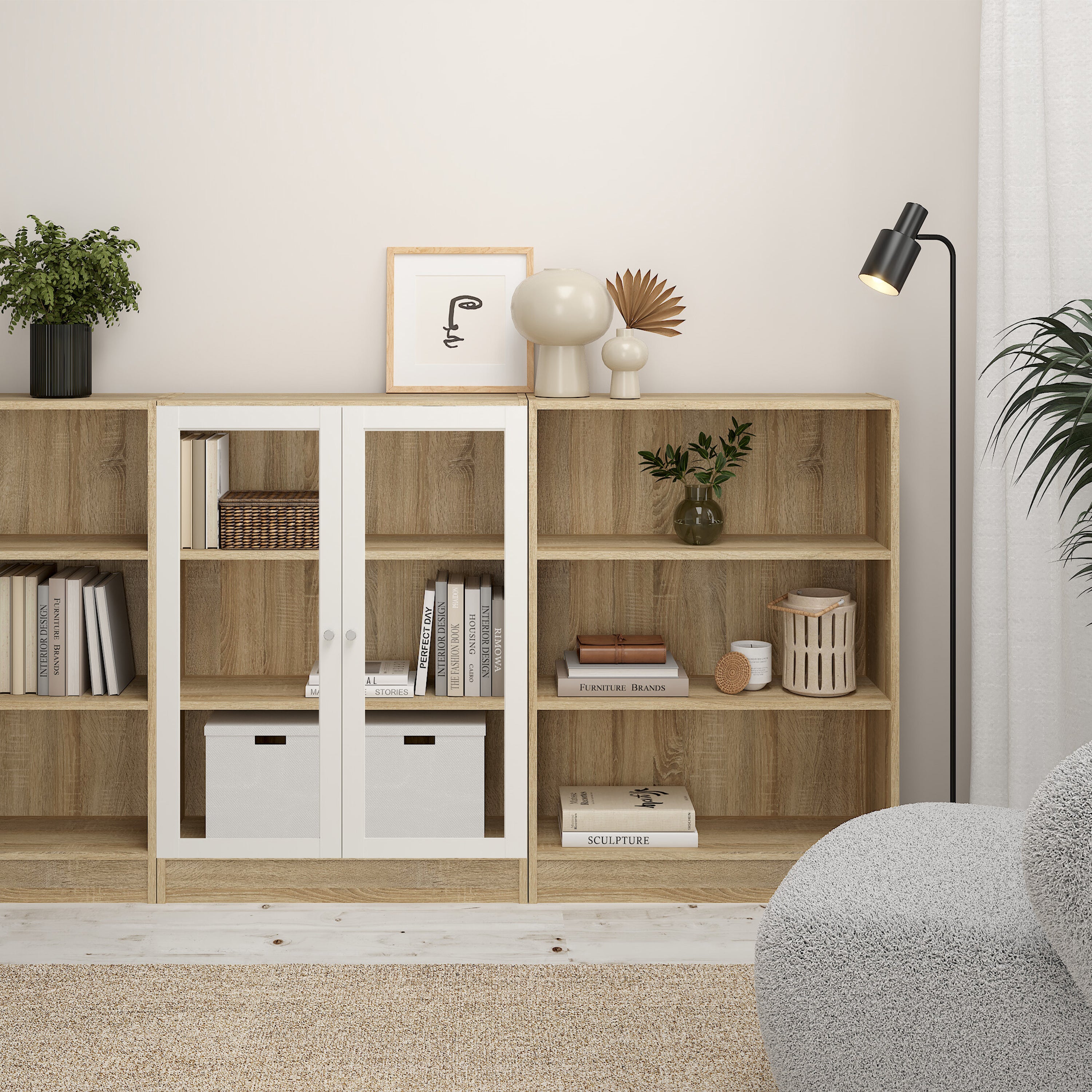 Basic Low Narrow Display Cabinet In Oak (2 Shelves) with Glass White Door