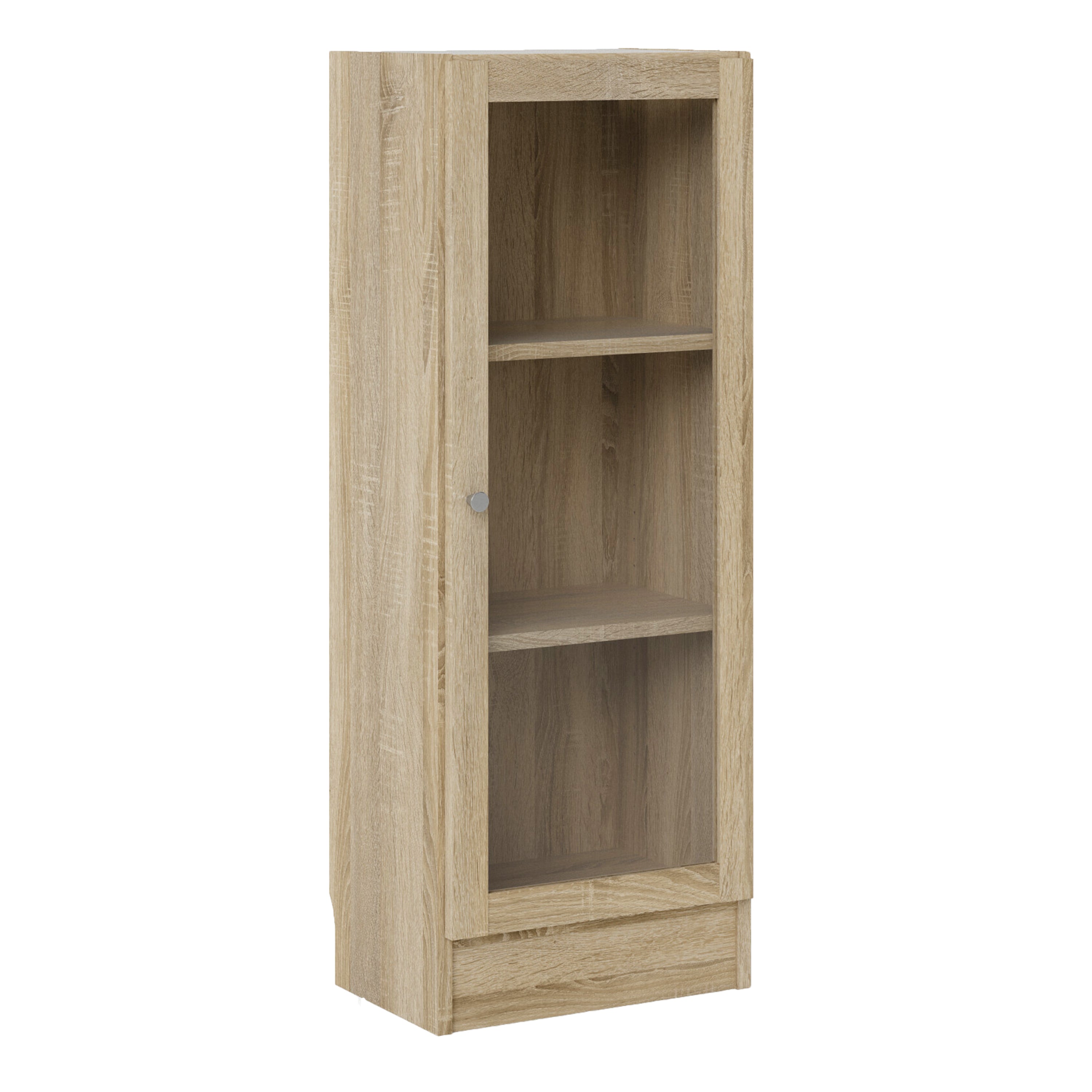 Basic Low Narrow Display Cabinet in Oak (2 Shelves) with Glass Oak Door