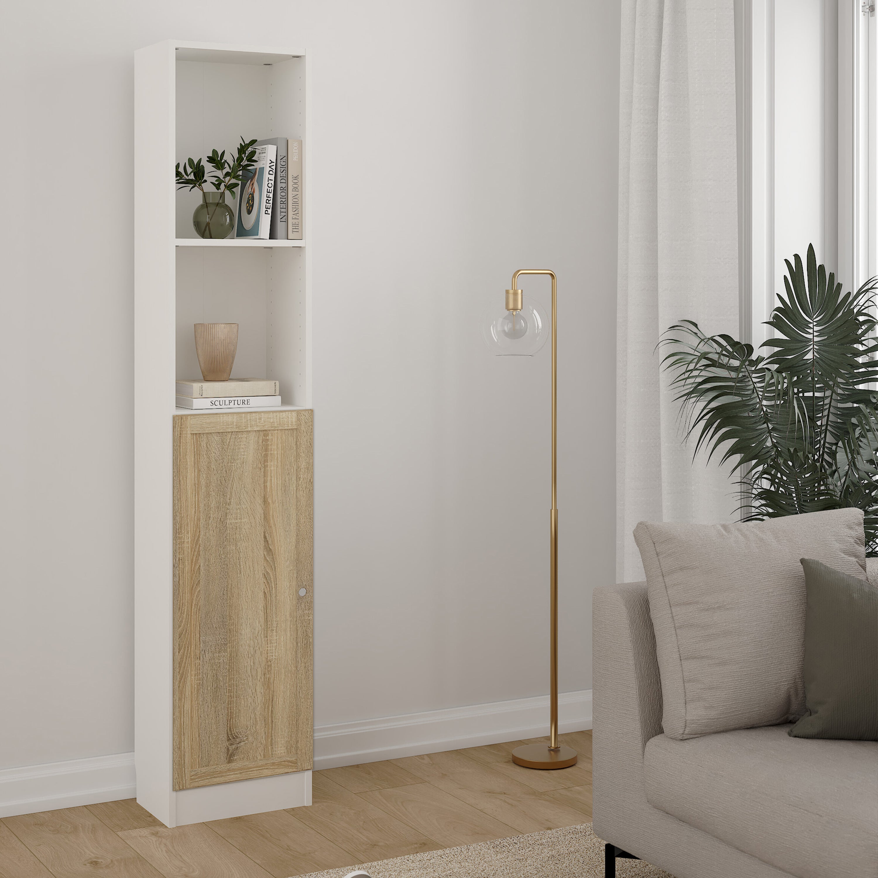Basic Tall Narrow Combination Storage Bookcase in White (4 Shelves) with Glass Oak Door