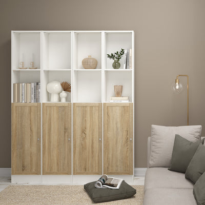 Basic Tall Narrow Combination Storage Bookcase in White (4 Shelves) with Glass Oak Door