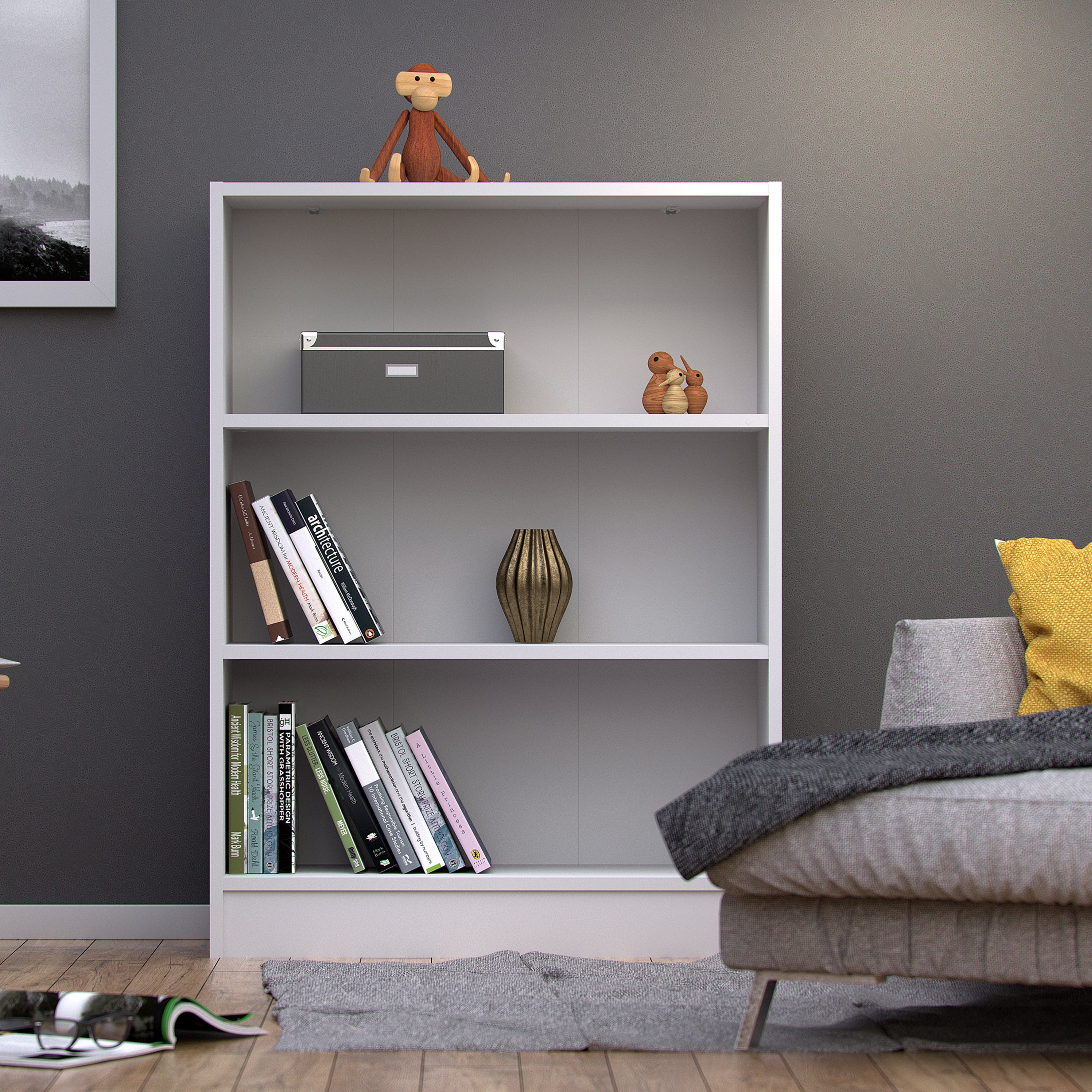 Basic Low Wide Bookcase (2 Shelves) in White – FTG, view 4