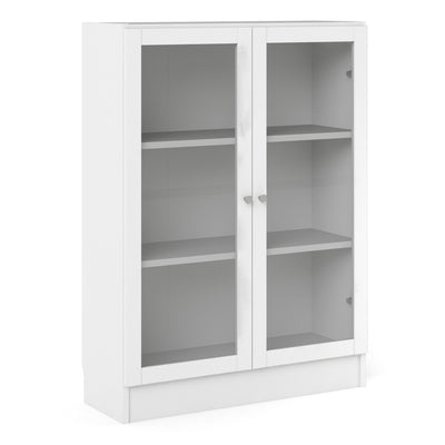 Basic Low Wide Display Cabinet in White (2 Shelves) with 2 Glass Doors in White