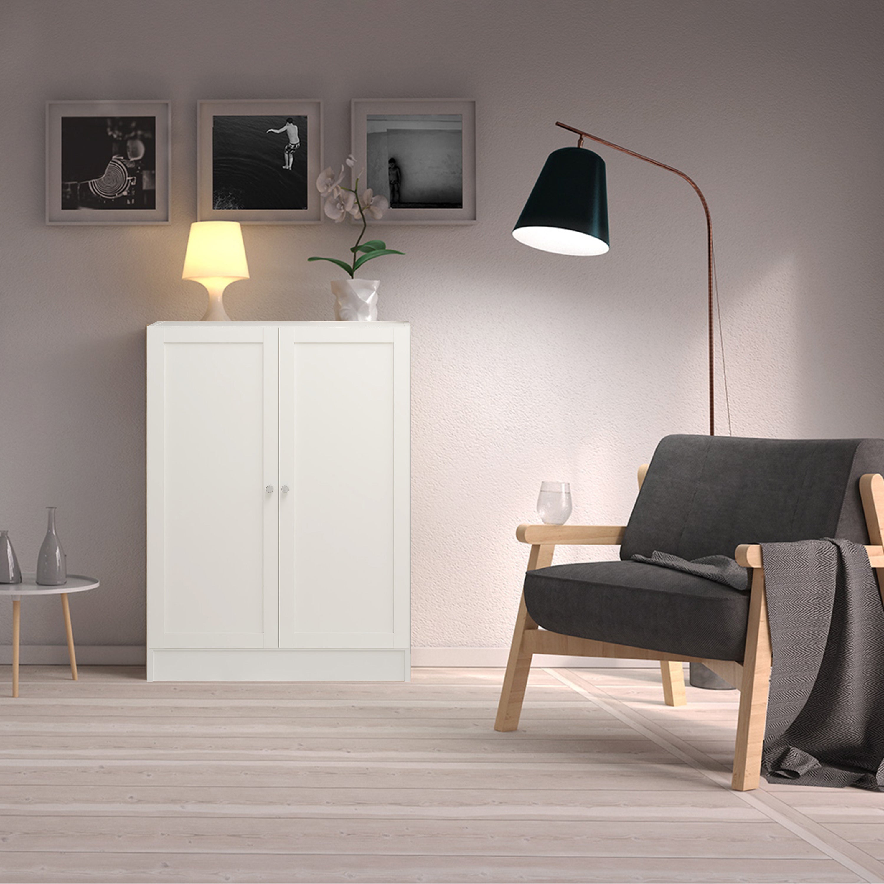 Basic Low Wide Storage Cabinet in White (2 Shelves) with 2 White Doors