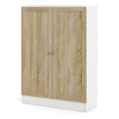 Basic Low Wide Storage Cabinet in White (2 Shelves) with 2 Oak Doors