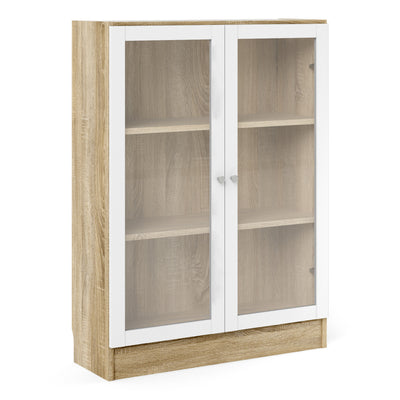 Basic Low Wide Display Cabinet in Oak (2 Shelves) with 2 Glass Doors in White