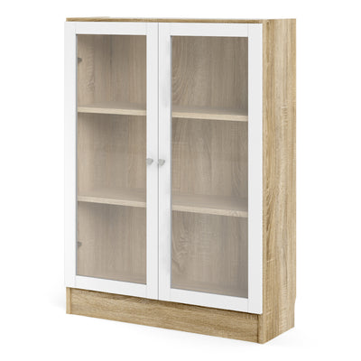 Basic Low Wide Display Cabinet in Oak (2 Shelves) with 2 Glass Doors in White