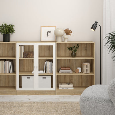 Basic Low Wide Display Cabinet in Oak (2 Shelves) with 2 Glass Doors in White
