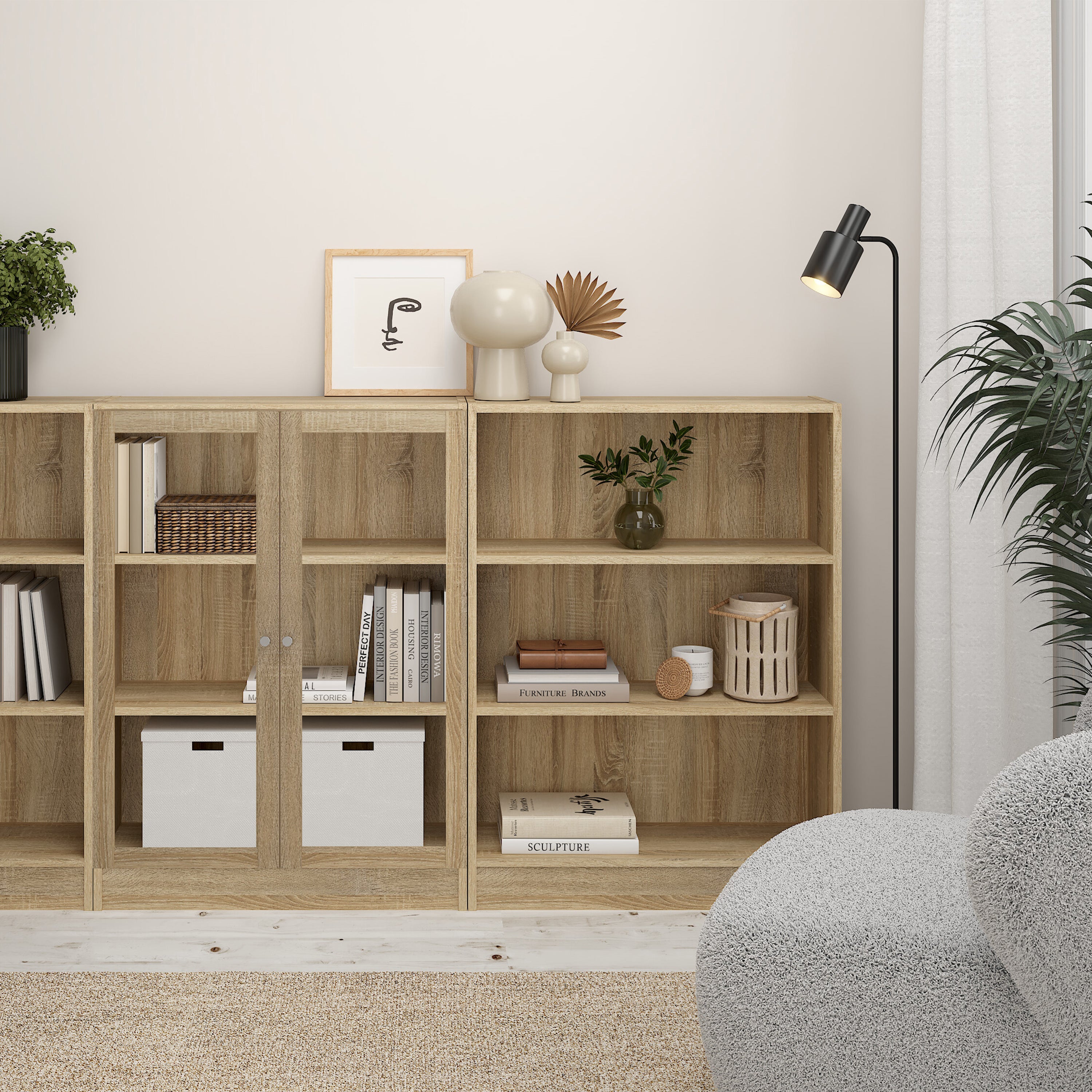 Basic Low Wide Display Cabinet in Oak (2 Shelves) with 2 Glass Doors in Oak