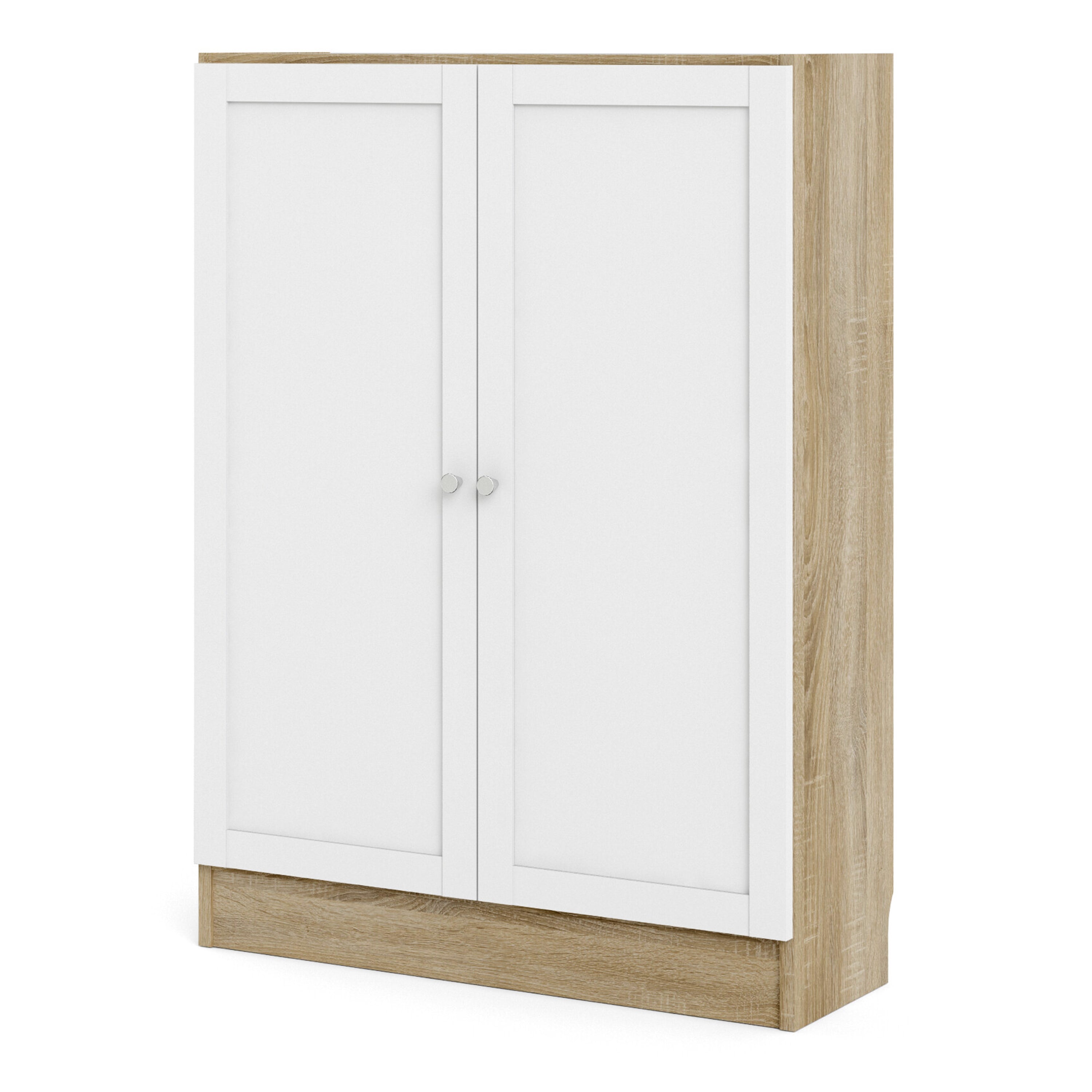 Basic Low Wide Storage Cabinet in Oak (2 Shelves) with 2 White Doors