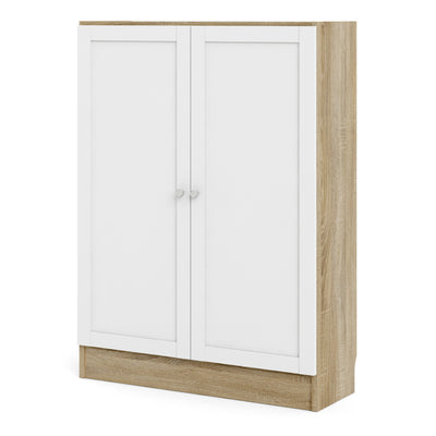 Basic Low Wide Storage Cabinet in Oak (2 Shelves) with 2 White Doors
