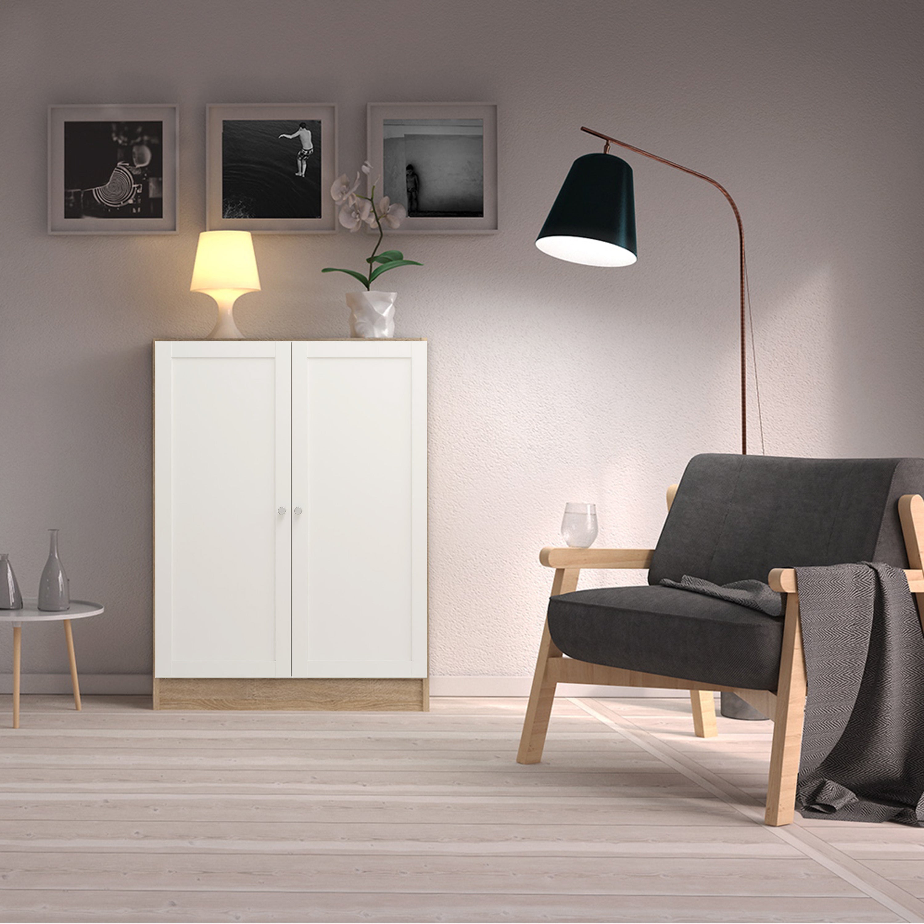 Basic Low Wide Storage Cabinet in Oak (2 Shelves) with 2 White Doors