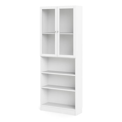 Basic Tall Wide Display Cabinet in White (4 Shelves) with 2 Glass White Doors