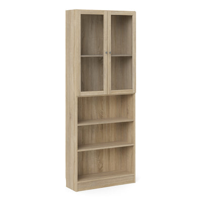 Basic Tall Wide Display Cabinet in Oak (4 Shelves) with 2 Glass Oak Doors