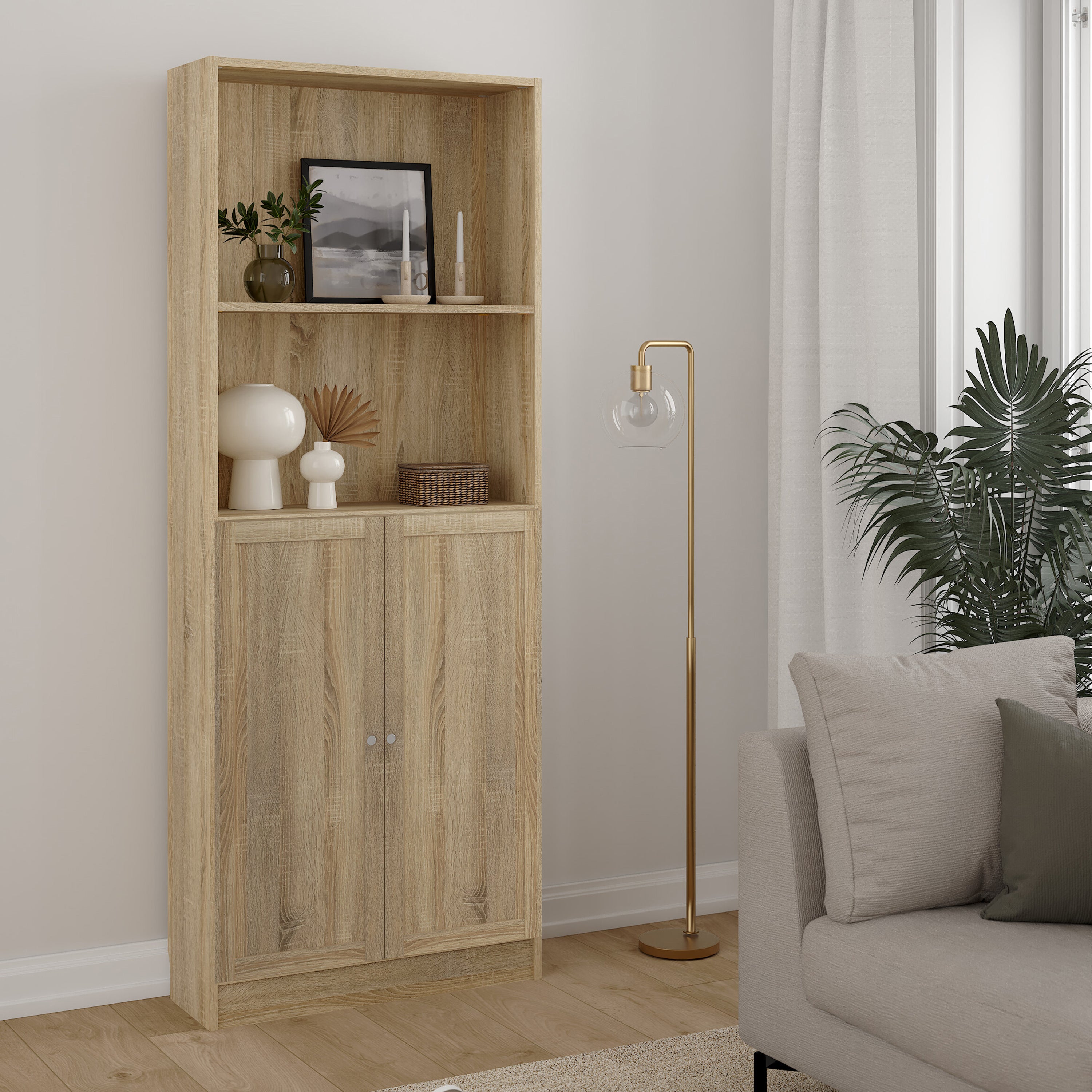 Basic Tall Wide Combination Storage in Oak (4 Shelves) with 2 Oak Doors