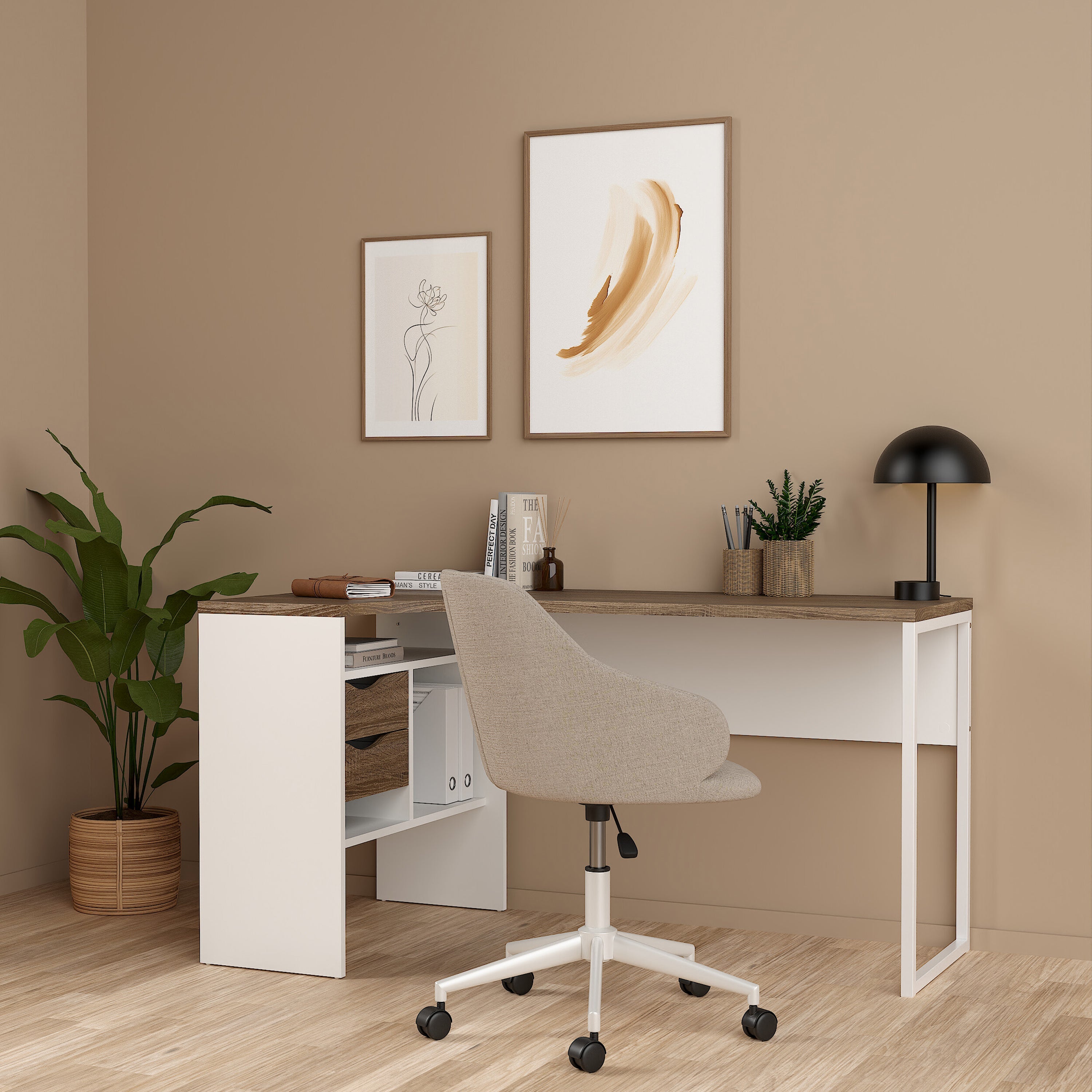 Function Plus Corner Desk 2 Drawers in White and Truffle Oak – FTG, view 6
