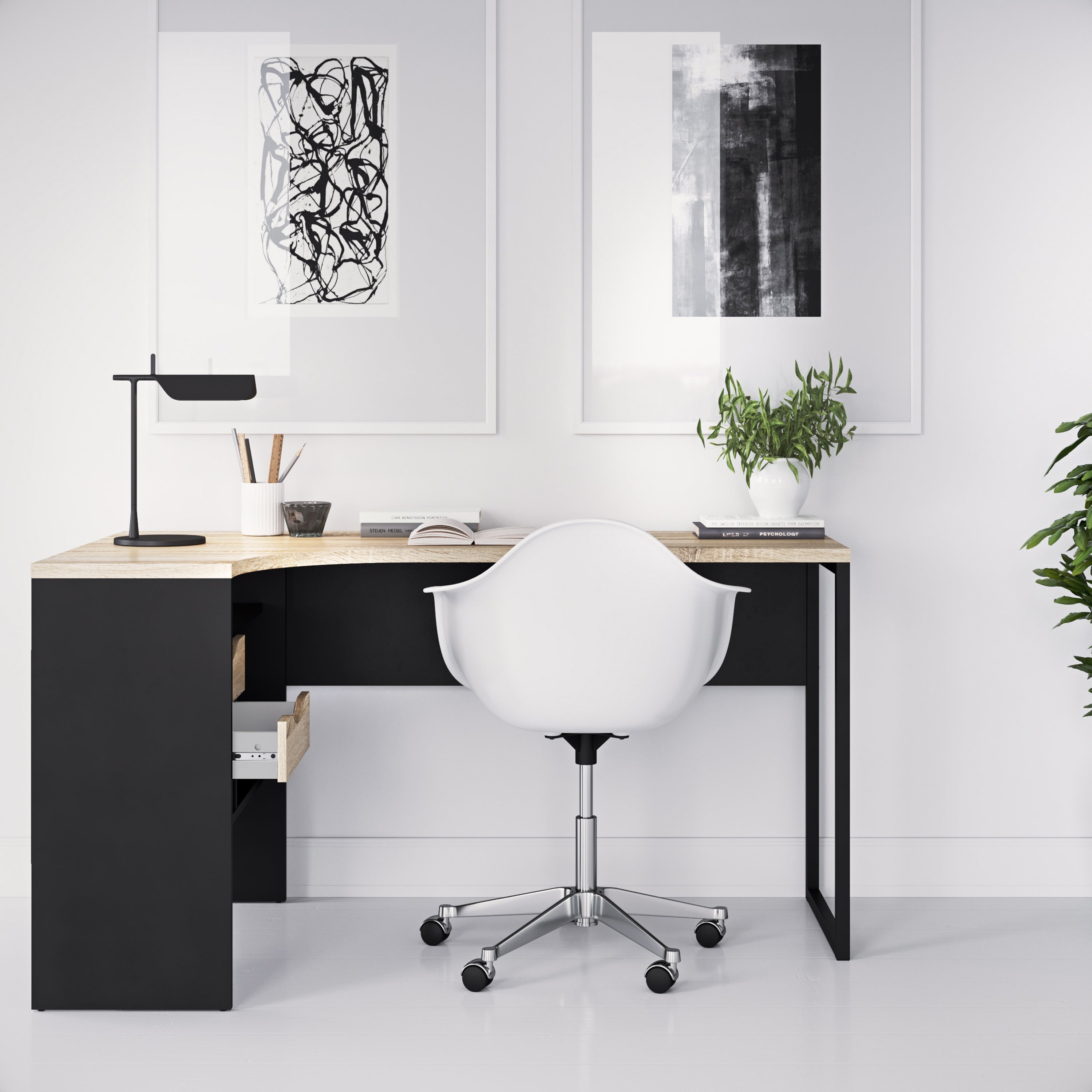 Function Plus Corner Desk 2 Drawers in Black Matt and Oak – FTG, view 6
