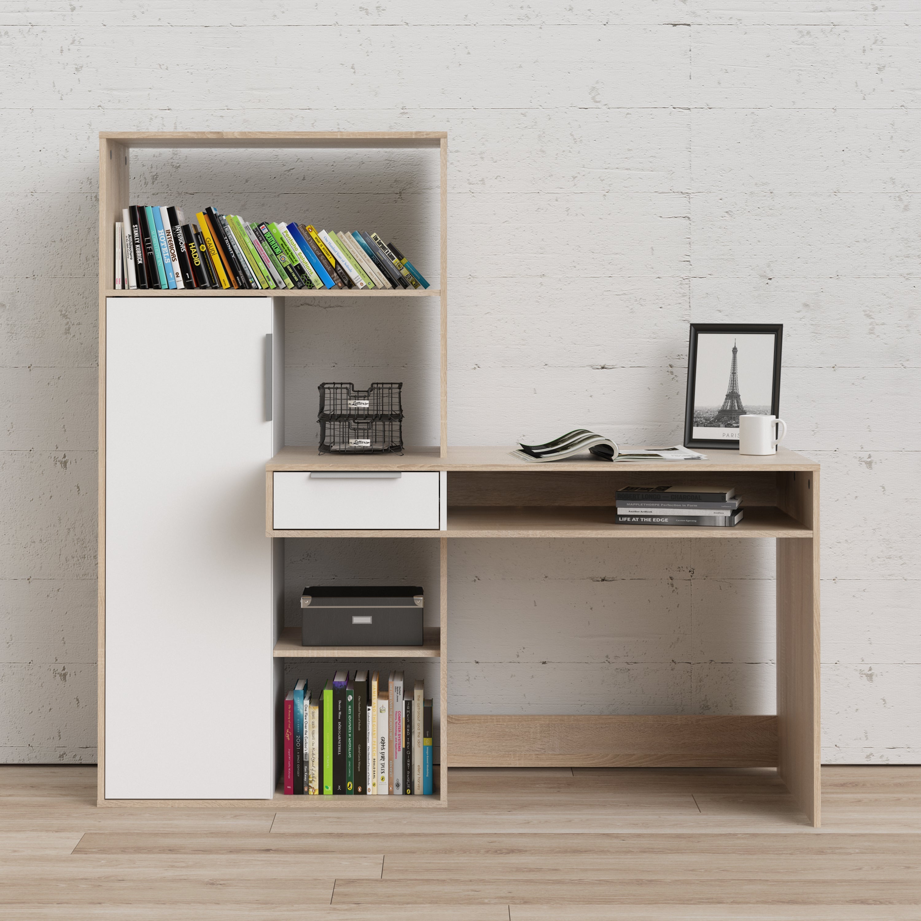 Function Plus Desk Multi Functional Desk with Drawer and 1 Door in White and Oak – FTG, view 5