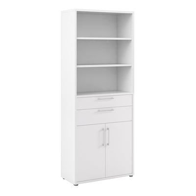 Prima Bookcase 3 Shelves with 2 Drawers 2 Doors In White – FTG