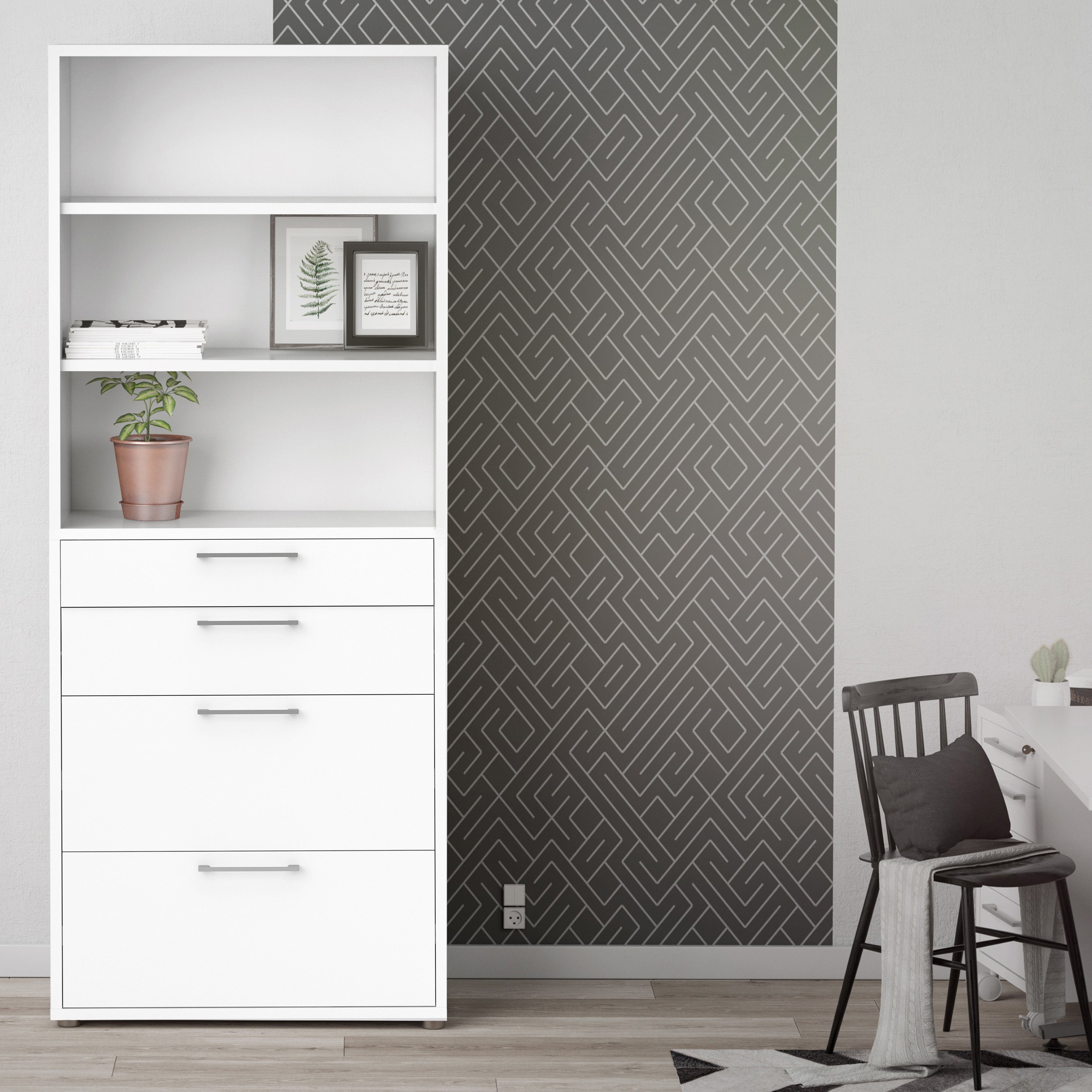 Prima Bookcase 2 Shelves with 2 Drawers 2 File Drawers in White – FTG, view 4