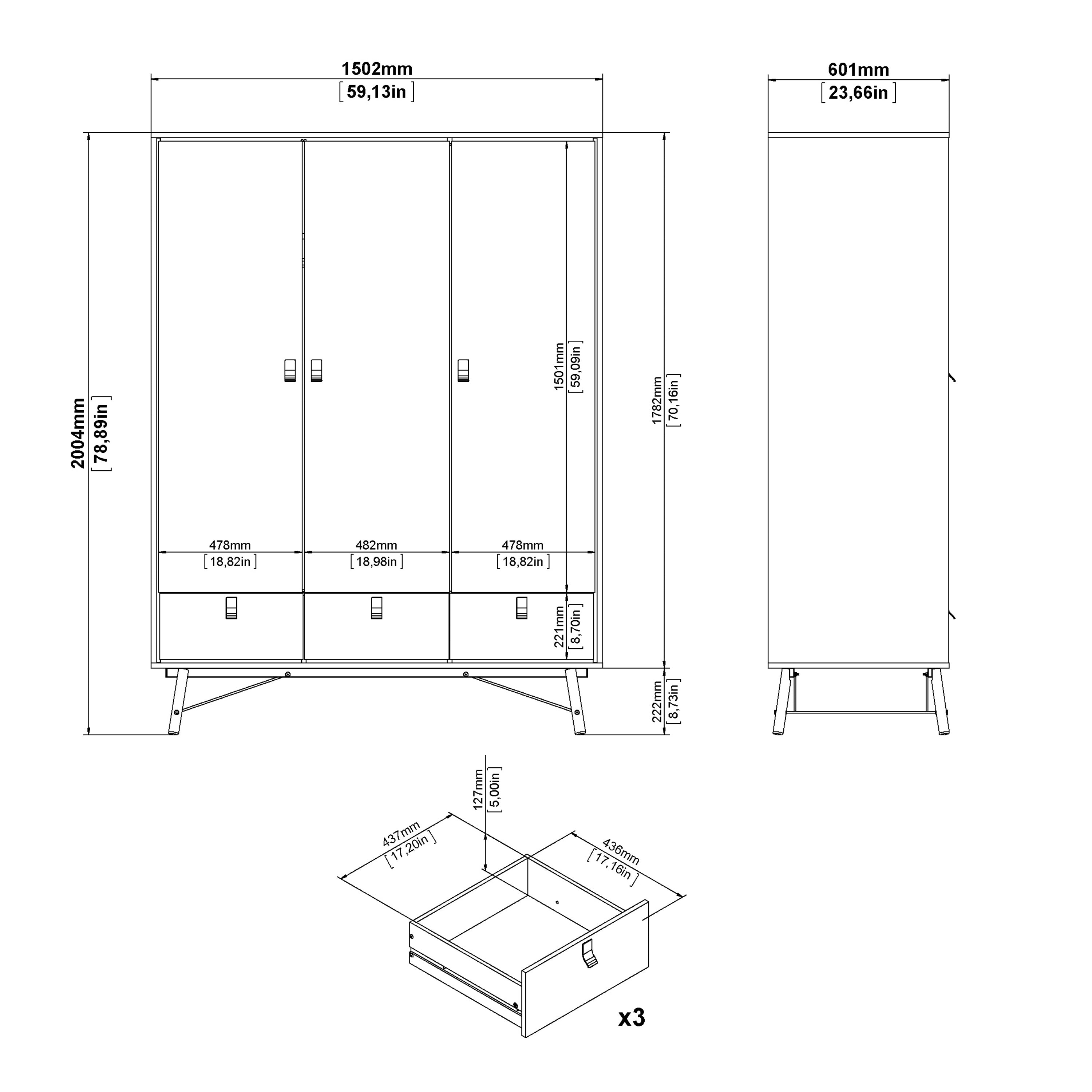 Ry Wardrobe 3 Doors 3 Drawers in Matt Black Walnut – FTG, view 11
