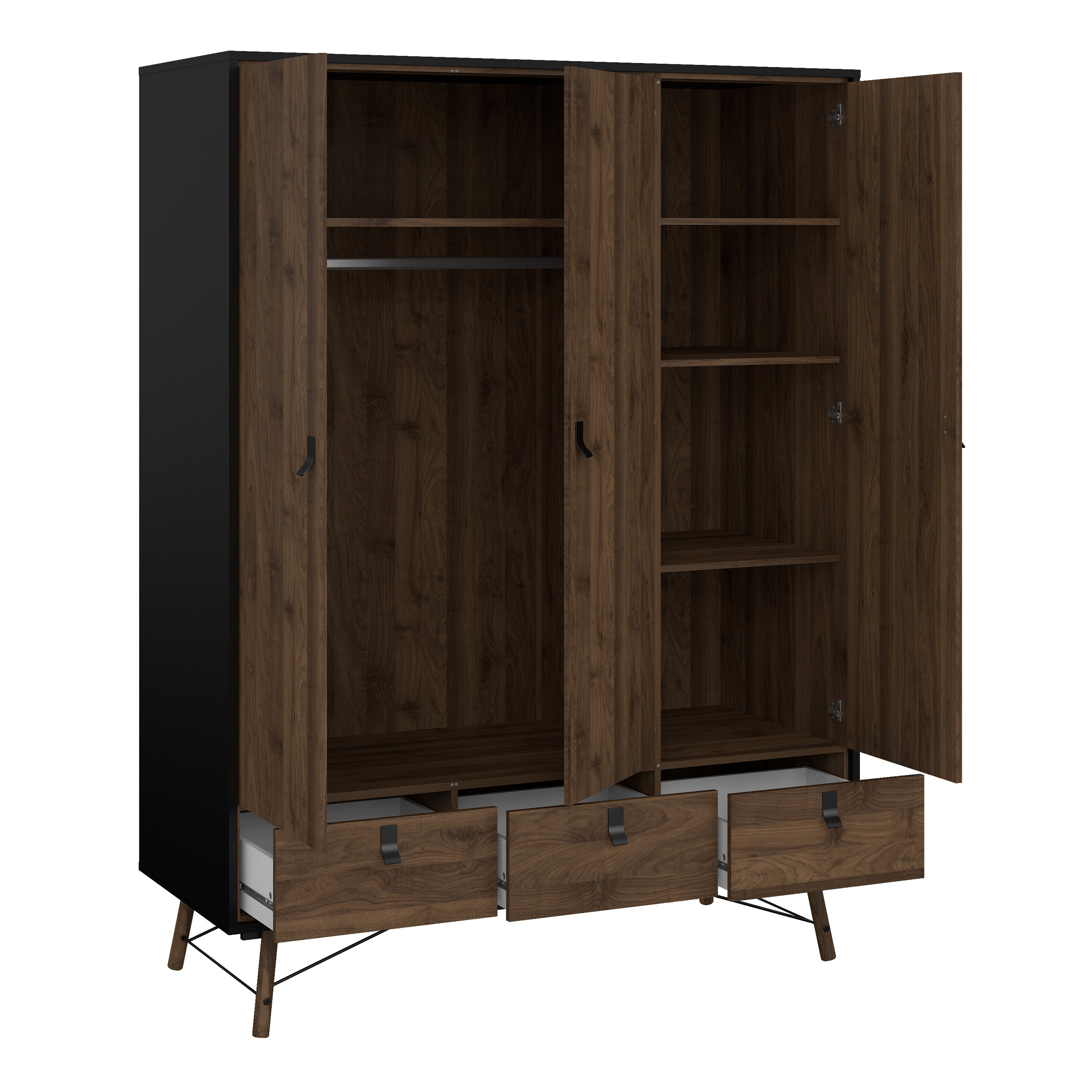 Ry Wardrobe 3 Doors 3 Drawers in Matt Black Walnut – FTG, view 5