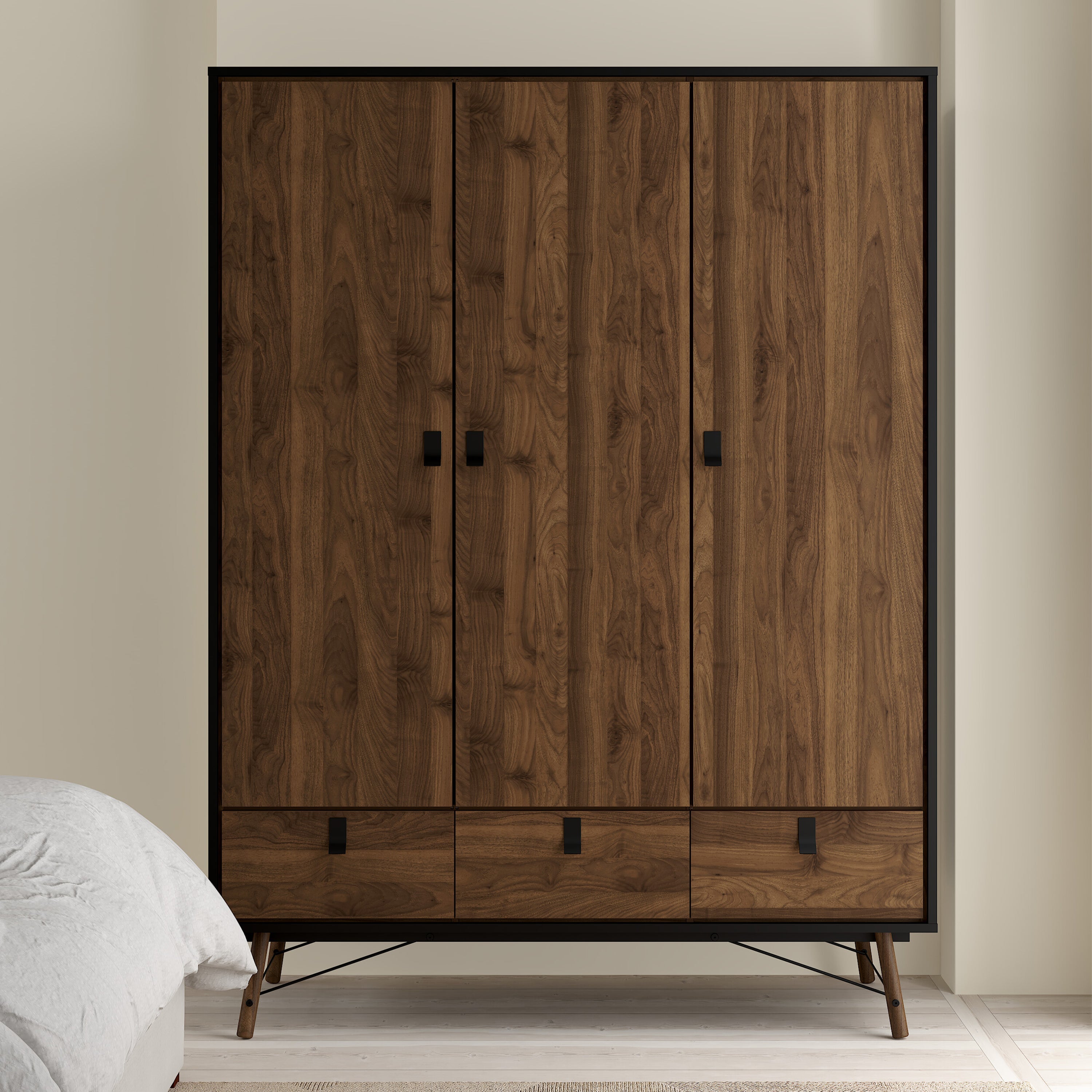 Ry Wardrobe 3 Doors 3 Drawers in Matt Black Walnut – FTG, view 7