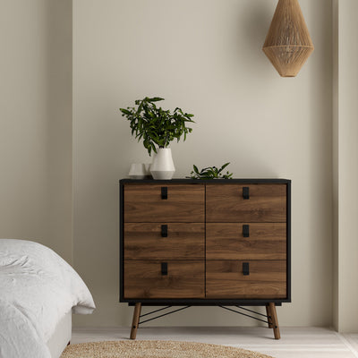 Ry Package - Wardrobe 3 Doors + 3 Drawers + Double chest 6 Drawers + Bedside Cabinet 2 Drawers in Matt Black Walnut – FTG…