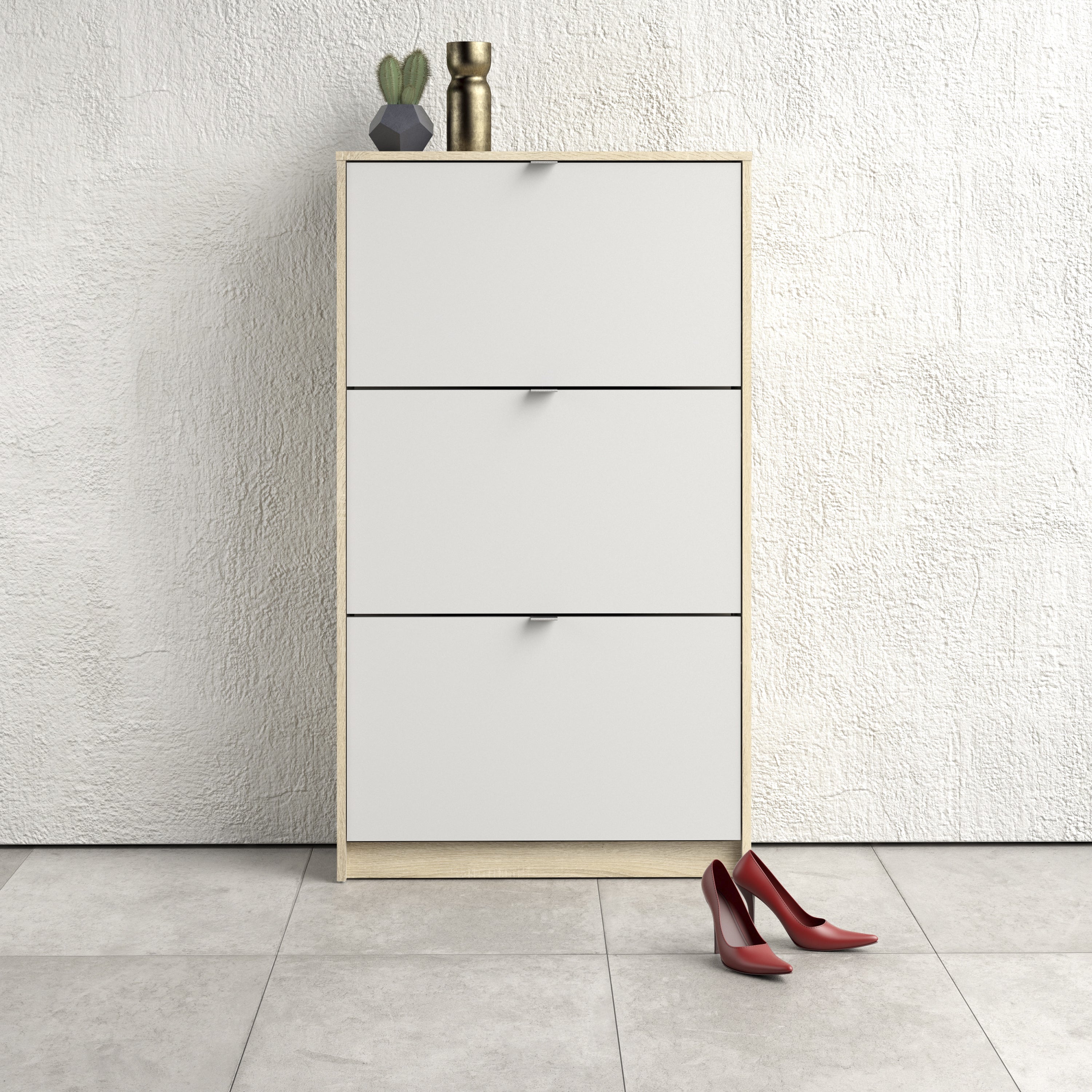 Shoes Shoe Cabinet 3 Flip Down Doors and 2 layers Oak structure White – FTG, view 5