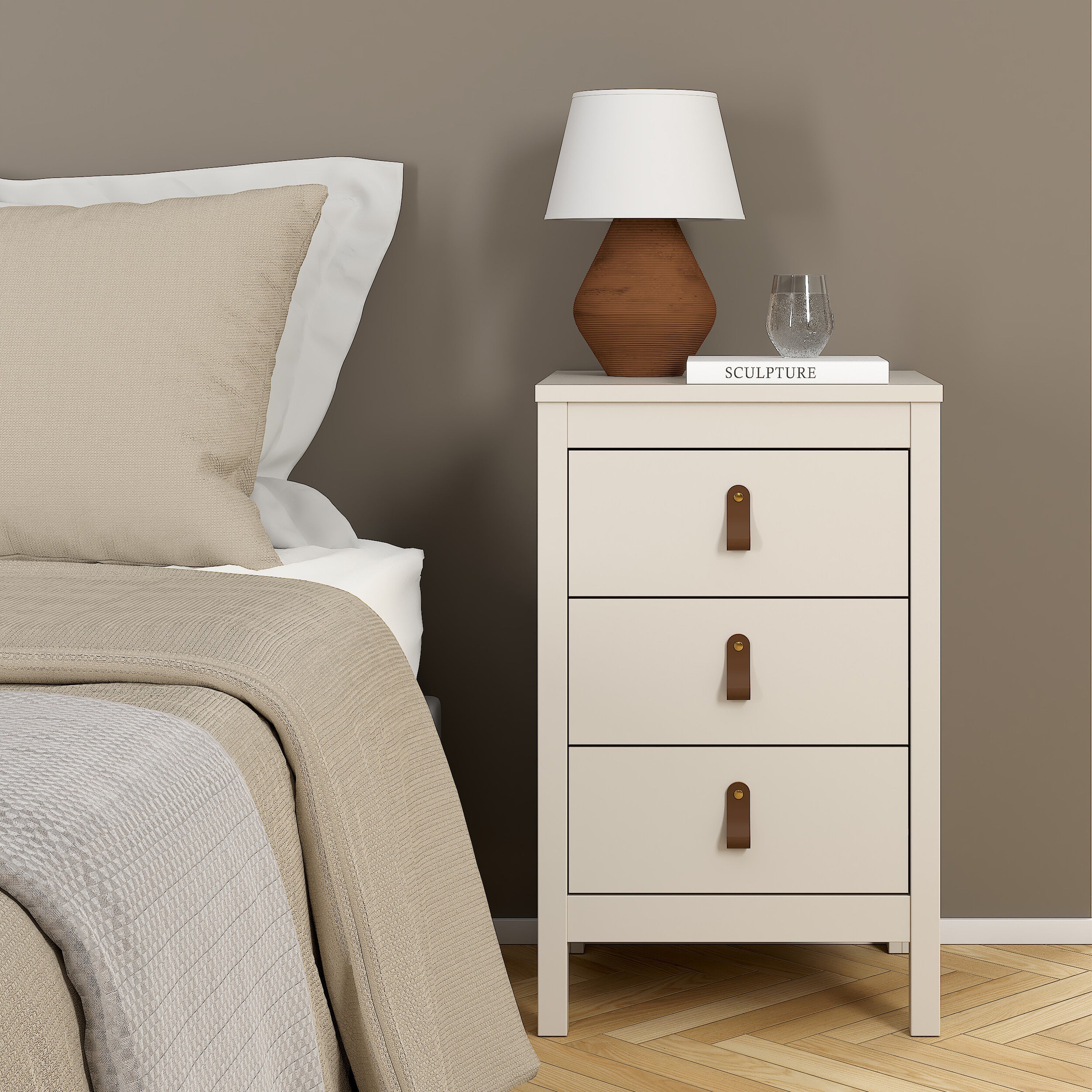 Barcelona Bedside Table 3 Drawers in Cashmere – FTG, view 2