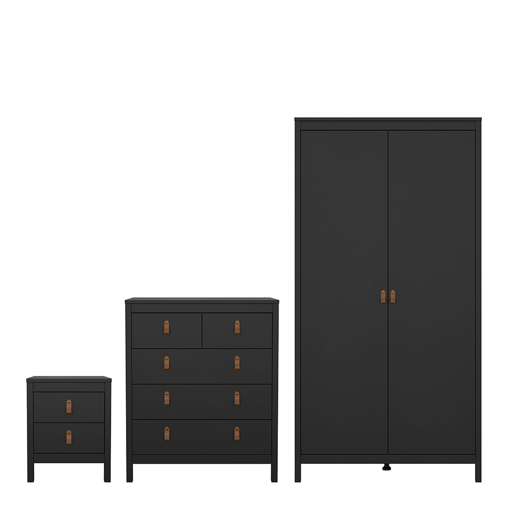 Barcelona Package - Bedside Table 2 Drawers + Chest 5 Drawers + Wardrobe with 2 Doors in Matt Black – FTG