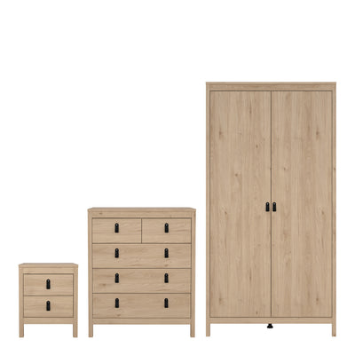 Barcelona Package – Bedside Table 2 Drawers + Chest 5 Drawers + 2 Door Wardrobe in Jackson Hickory Oak