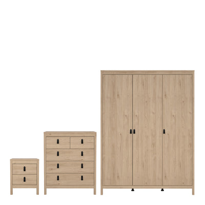 Barcelona Package – Bedside Table 2 Drawers + Chest 5 Drawers + 3 Door Wardrobe in Jackson Hickory Oak