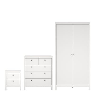Madrid Package - Bedside Table 2 Drawers + Chest 5 Drawers + Wardrobe with 2 Doors in White – FTG