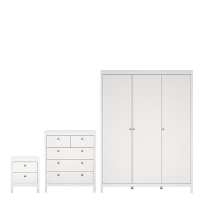 Madrid Package - Bedside Table 2 Drawers + Chest 5 Drawers + Wardrobe with 3 Doors in White – FTG