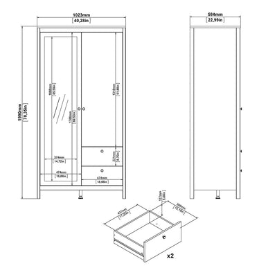 Madrid Wardrobe with 1 Door 1 Mirror Door 2 Drawers White – FTG, view 10