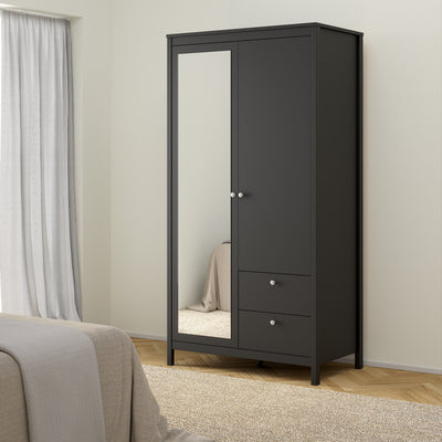 Madrid Wardrobe with 1 Door 1 Mirror Door 2 Drawers Matt Black – FTG, view 6