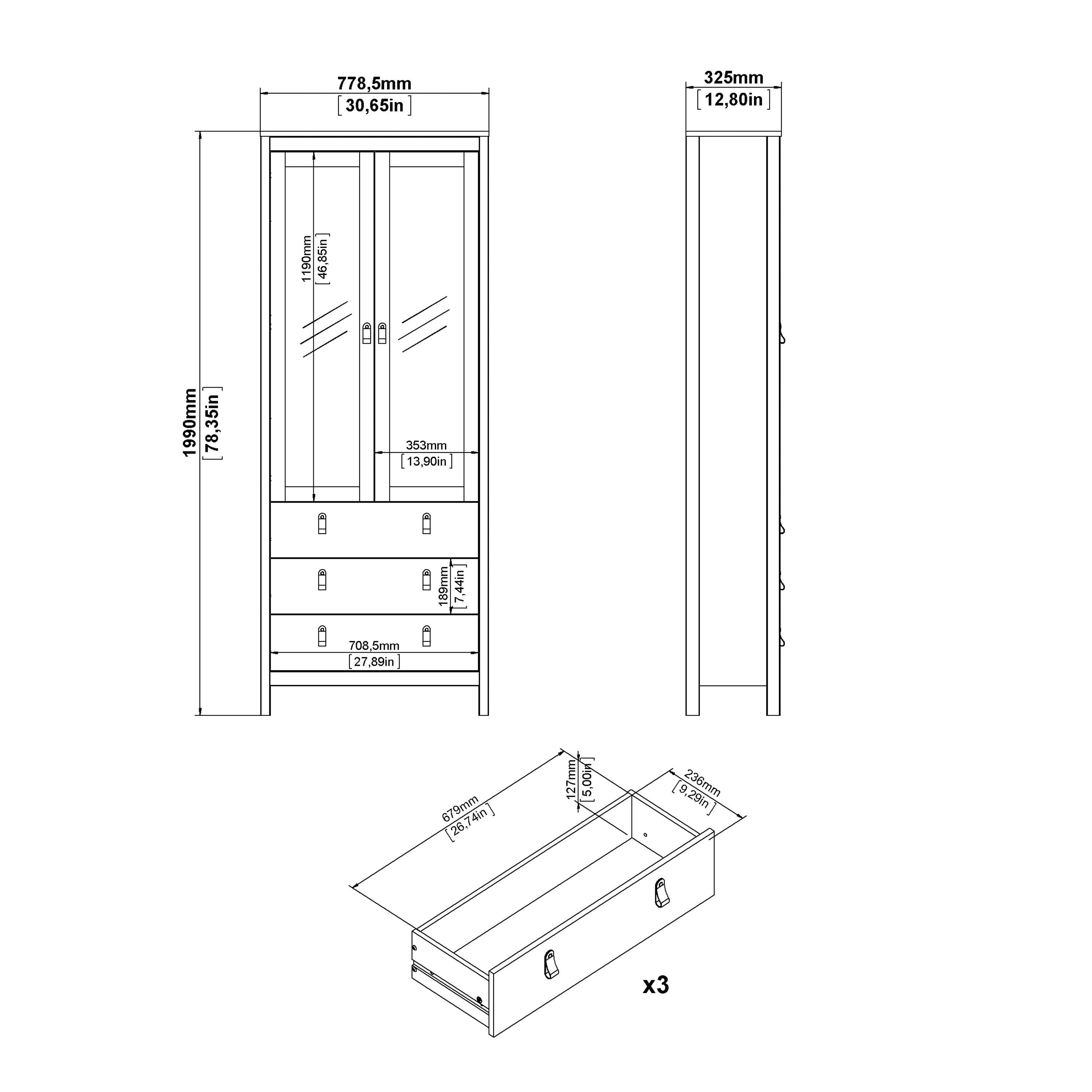 Madrid China Cabinet 2 Glass Doors with 3 Drawers in Matt Black – FTG, view 11