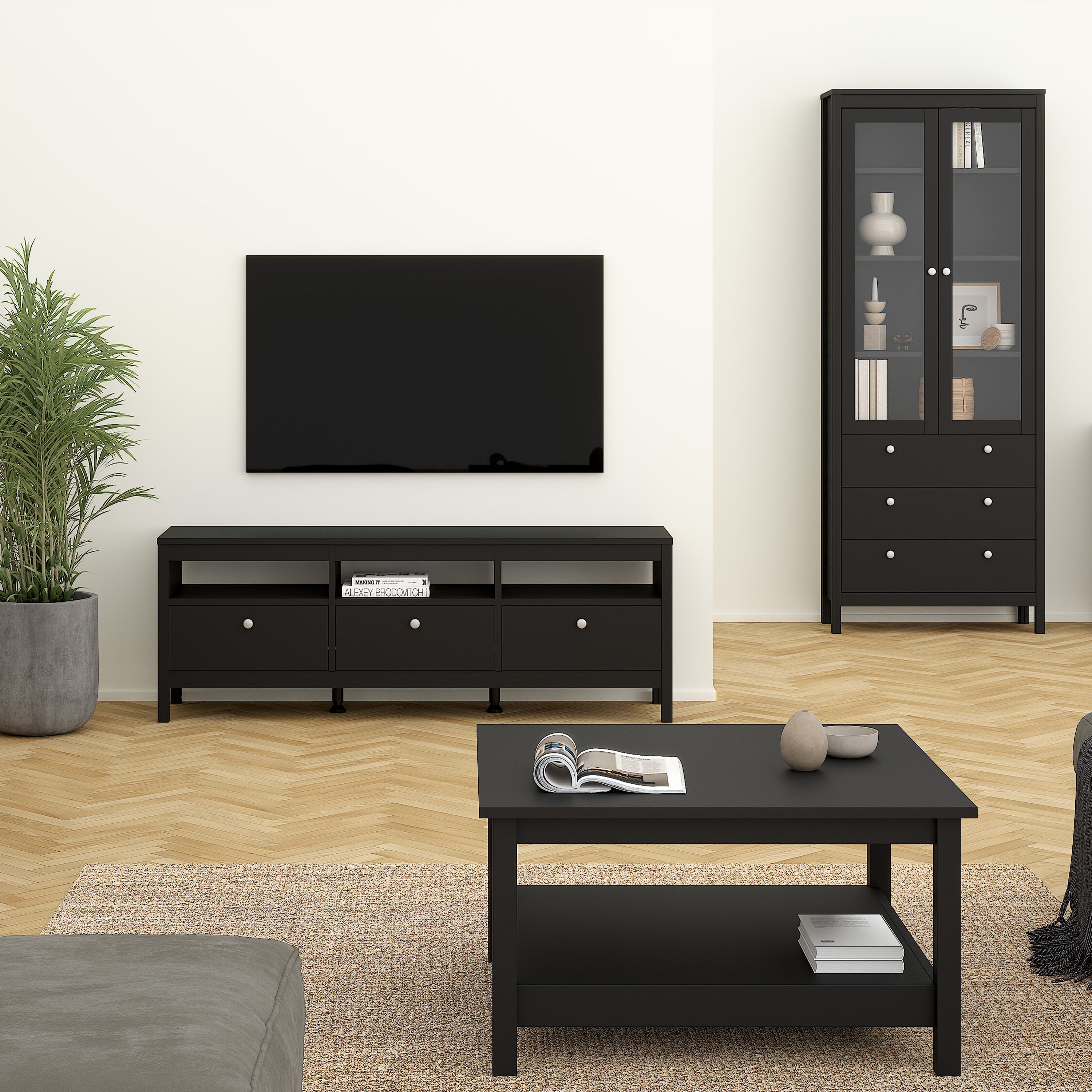 Madrid TV Unit 3 Drawers in Matt Black – FTG, view 6