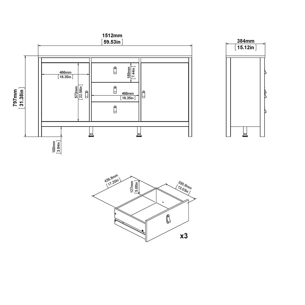 Madrid Sideboard 2 Doors 3 Drawers in White – FTG, view 10