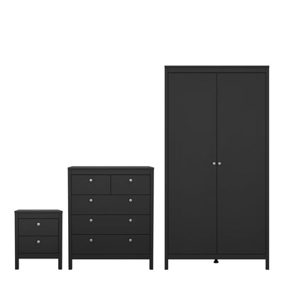Madrid Package - Bedside Table 2 Drawers + Chest 3+2 Drawers + Wardrobe with 2 Doors in Matt Black – FTG