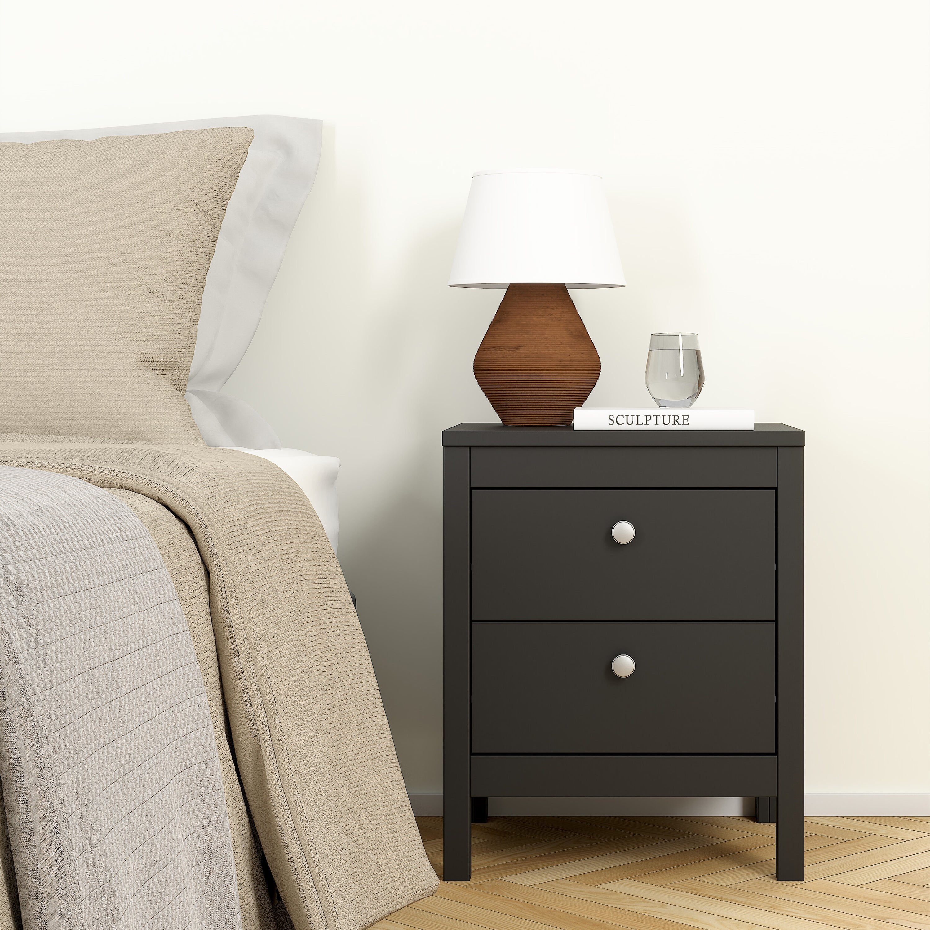 Madrid Package - Bedside Table 2 Drawers + Chest 5 Drawers + Wardrobe with 3 Doors in Matt Black – FTG, view 4