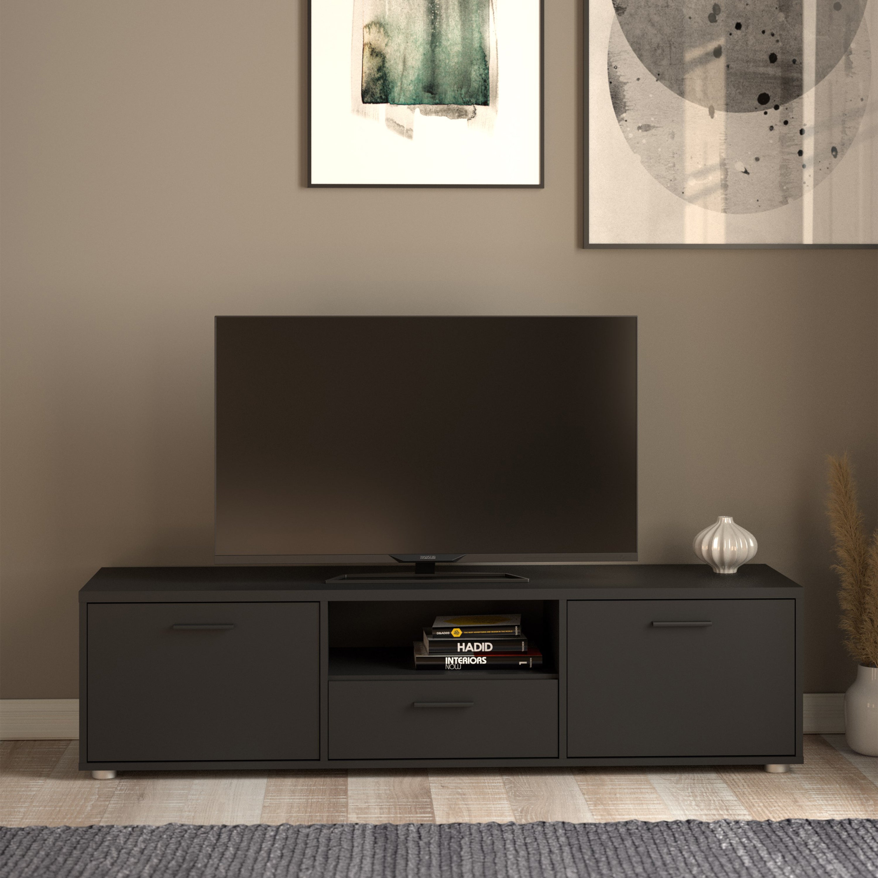 Media TV Unit with 2 Doors 1 Drawer 147cm Black – FTG, view 5