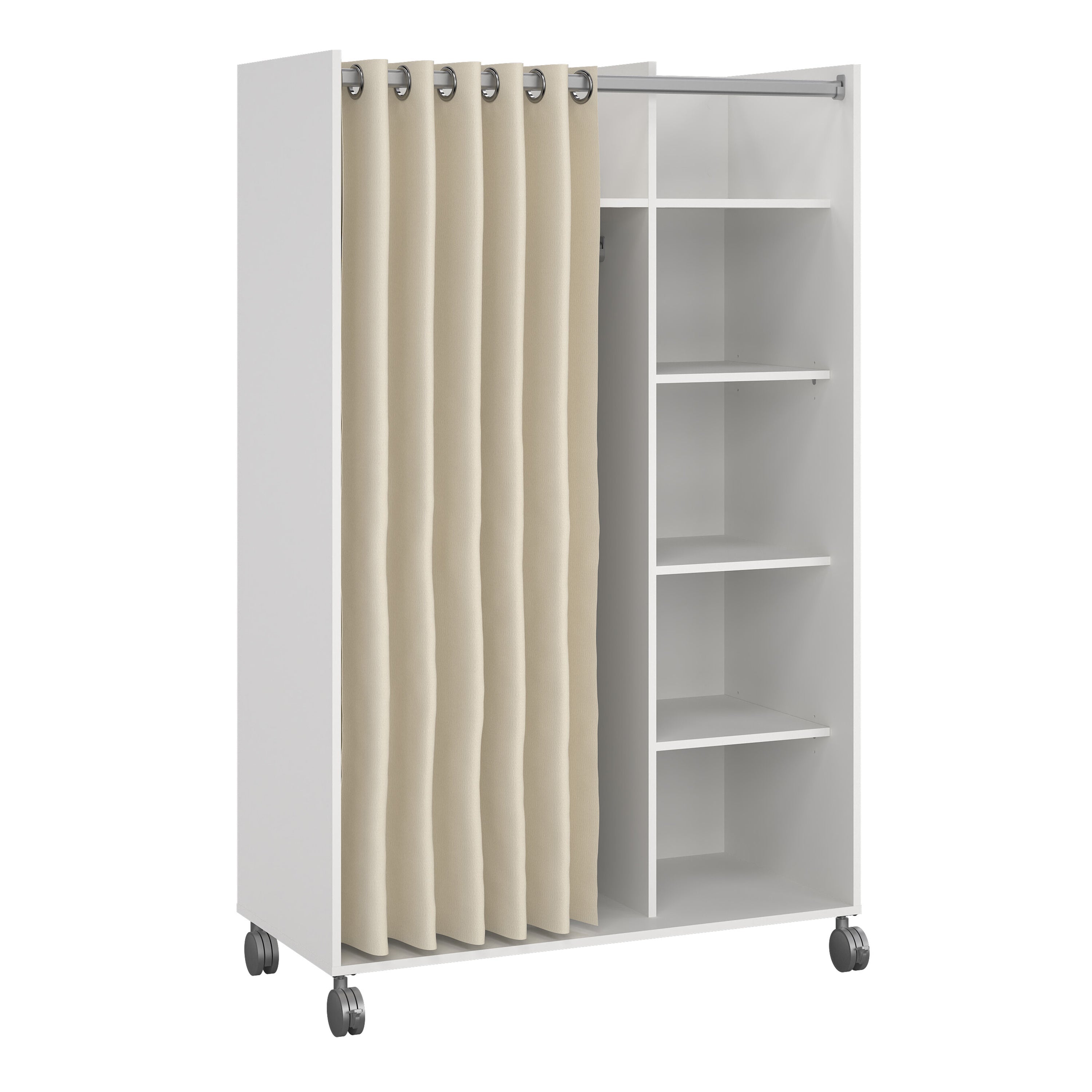 Uppsala Open Mobile Wardrobe Unit in White with a Beige Textile Curtain on Wheels – FTG