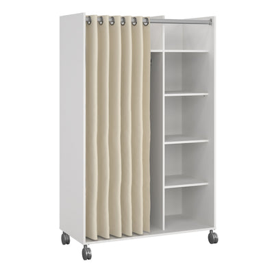Uppsala Open Mobile Wardrobe Unit in White with a Beige Textile Curtain on Wheels – FTG