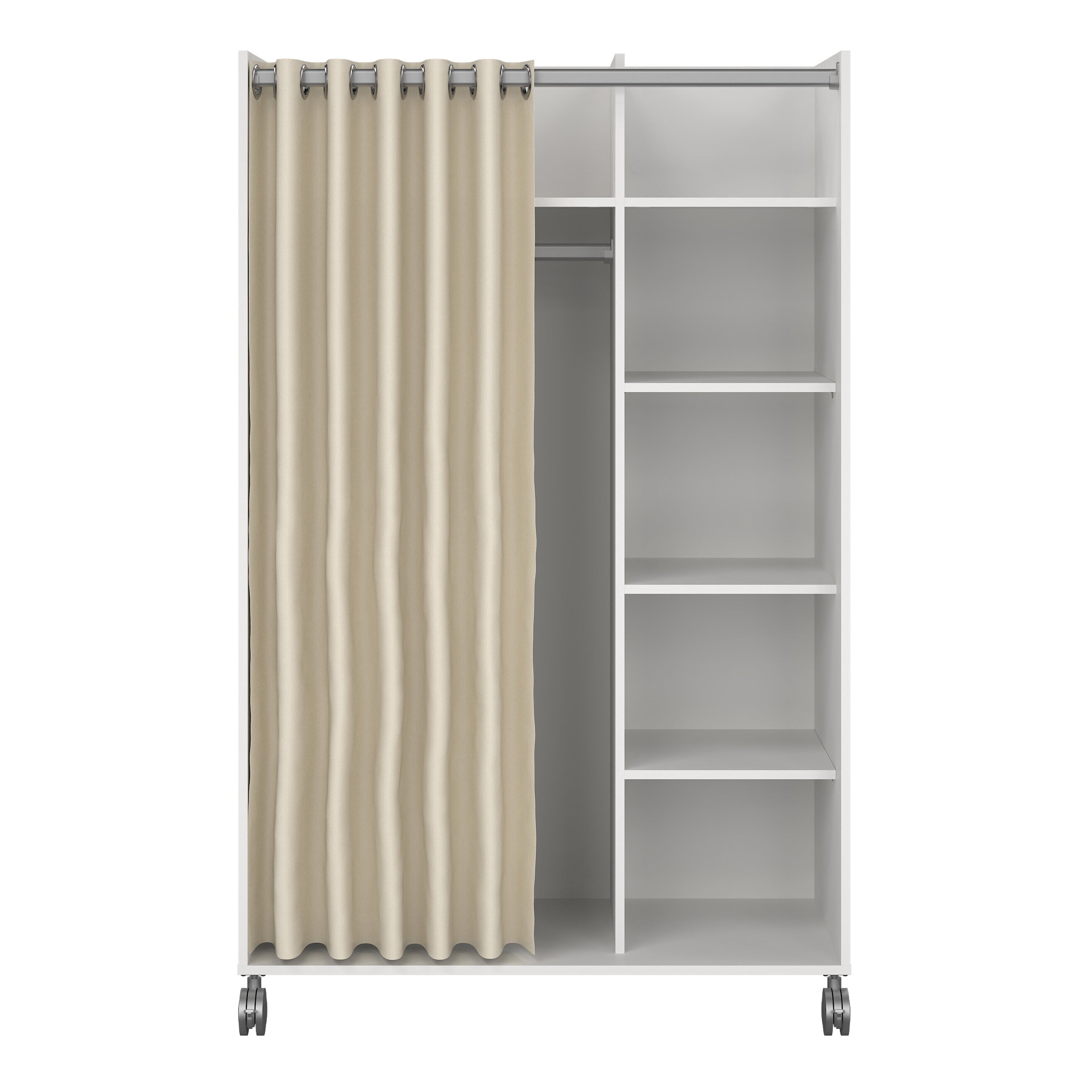 Uppsala Open Mobile Wardrobe Unit in White with a Beige Textile Curtain on Wheels – FTG, view 2