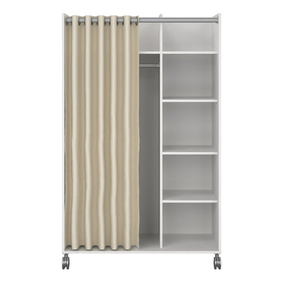 Uppsala Open Mobile Wardrobe Unit in White with a Beige Textile Curtain on Wheels – FTG, view 2