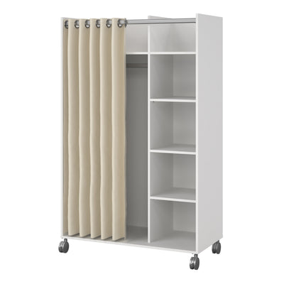 Uppsala Open Mobile Wardrobe Unit in White with a Beige Textile Curtain on Wheels – FTG, view 3